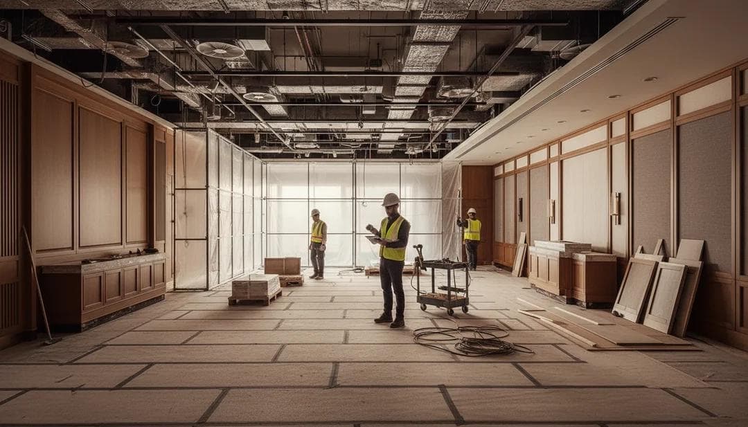 Hotel lobby renovation with scaffolding and crews at work